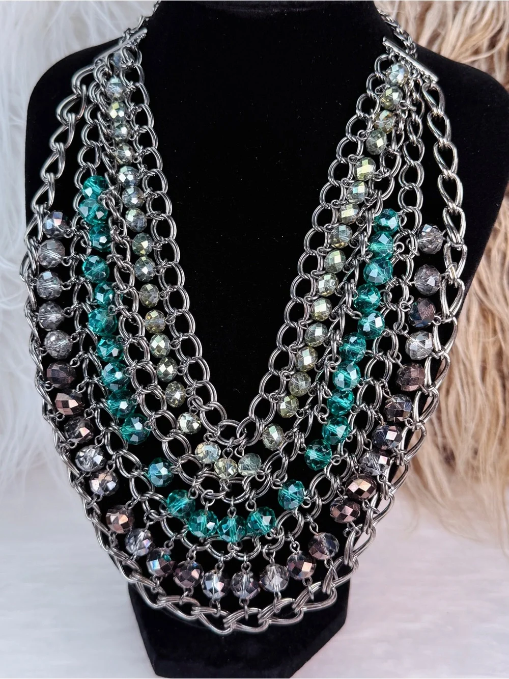 Multi Strand Dark Silver Tone Chain Teal Faceted Bead Bib Statement Necklace
